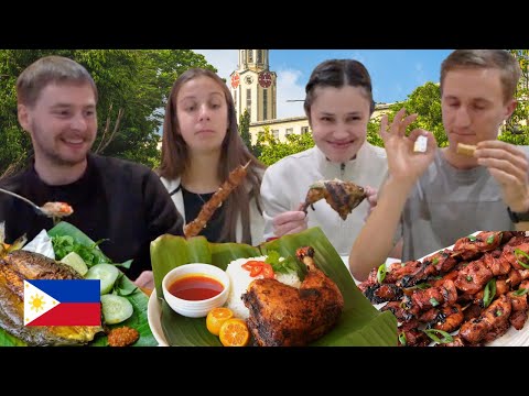 Видео: Канадцы пробуют филиппинское барбекю! С курицей инасал и жареным бангусом.