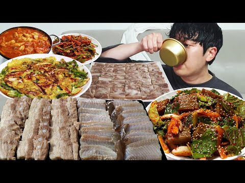 Видео: Сырой скейт, корейские блины, коллекция мукбанг из свинины MUKBANG ASMR REALSOUND EATINGSHOW