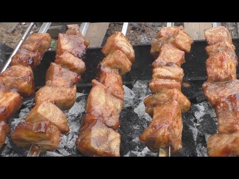 Видео: Шашлык из рыбы, вкусный шашлык из сома на шампурах самокрутах.