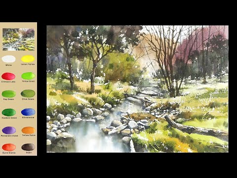 Видео: Пейзаж акварелью - Лесная история (3x скорость, просмотр названий цветов)