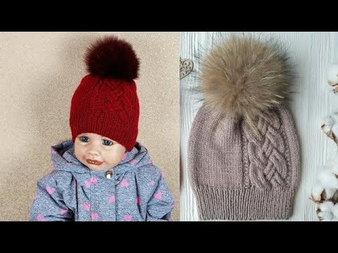 Видео: Шапка с объемной косой  Шапка с помпоном