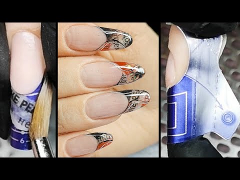 Видео: Наращивание ногтей акрилом. Креативный декоративный выкладной френч с газетой