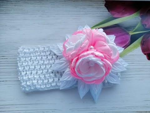 Видео: Повязка на голову  с цветами Канзаши / Headband with flowers /Uma faixa na cabeça com flores