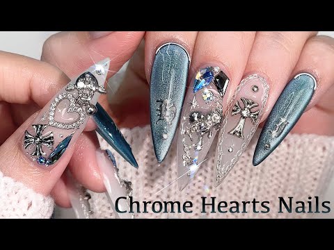 Видео: Крутые хромированные ногти с сердечками🖤 полигель наращивание / Нейл-арт АСМР