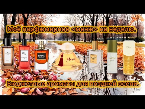 Видео: МОЁ ПАРФЮМЕРНОЕ «МЕНЮ» НА НЕДЕЛЮ. БЮДЖЕТНЫЕ АРОМАТЫ НА ПОЗДНЮЮ ОСЕНЬ. 