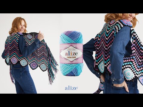 Видео: Разноцветный весенний жилет крючком с Alize Cotton Gold