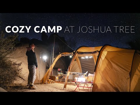 Видео: Уютный зимний кемпинг с дровяной печью | Дерево Джошуа в 4K | Winnerwell Nomad и Snow Peak IGT