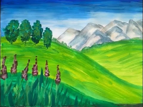 Видео: Пейзаж гуашью «Горы и цветы» для детей 7-10 лет.