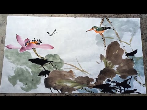 Видео: Китайская живопись тушью - птица и цветок лотоса