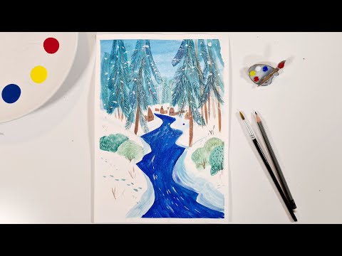 Видео: Рисуем зимний пейзаж! Как нарисовать зиму!