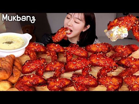 Видео: Знаете ли вы острый приправленный курица в Корее?Комфорные крылья и кукурузный сыр ASMR REAL MUKBANG