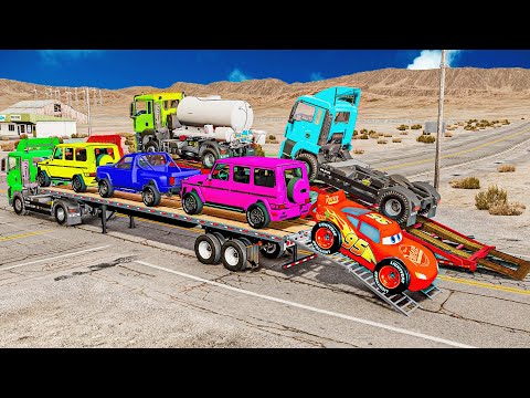 Видео: Грузовик с платформой Маккуин | Перевозка на грузовике — Выбоина против машины №52 — BeamNG.Drive