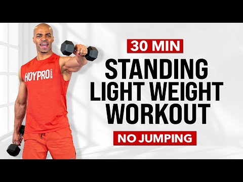 Видео: 30-минутная тренировка стоя с гантелями на всё тело | Без прыжков, без пола, лёгкие веса