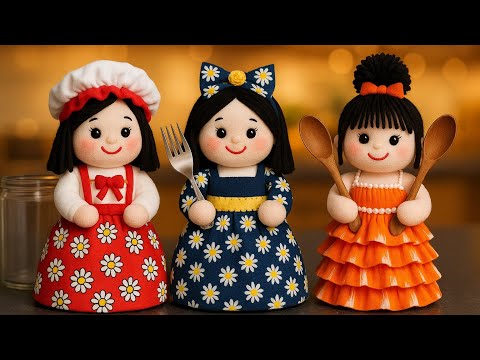 Видео: 💥Как сделать 3 разных куклы из стеклянных банок/😍Эти куклы будут отлично смотреться на вашей кухне