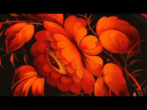 Видео: Красная роза на черном фоне. Как нарисовать в стиле Жостовской-декоративной росписи.