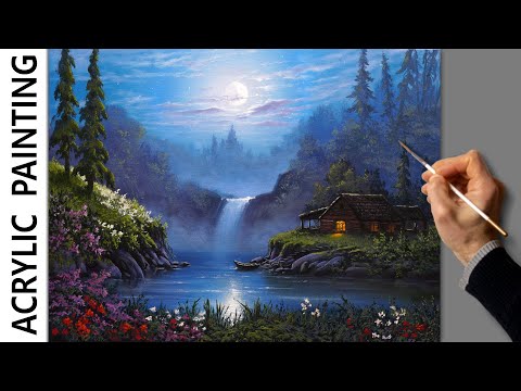 Видео: Ночной пейзаж - полнолуние. Живопись акрилом. Уроки рисования. Искусство. Красивая картина. Хобби.