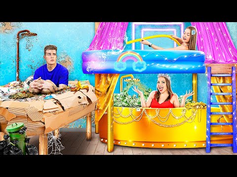 Видео: Богатая vs бедная vs гига богатая двухэтажная кровать в ванной!