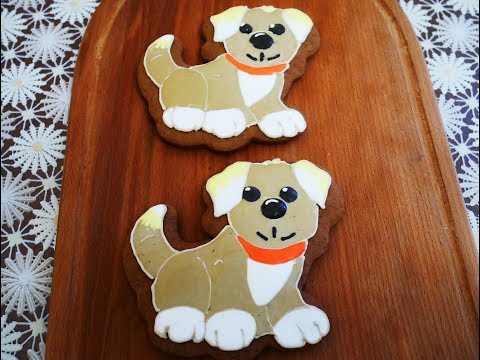 Видео: Роспись ИМБИРНЫХ пряников БЕЛКОВОЙ глазурью ПРЯНИК в виде СОБАКИ