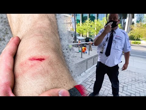 Видео: ПАРКУР ПРОТИВ ОХРАНЫ. ПОРЕЗАЛ НОГУ. ПРОГНАЛИ СО СПОТА.