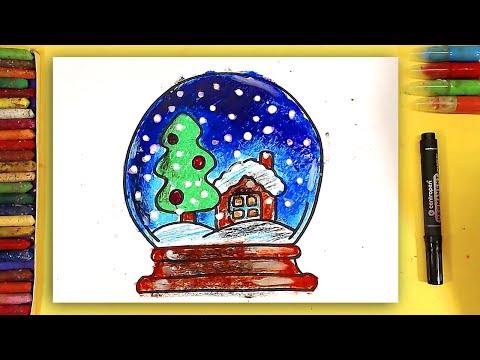 Видео: Снежный шар / Как нарисовать Елку и Дом в стеклянном шаре на Новый год Рыба кит