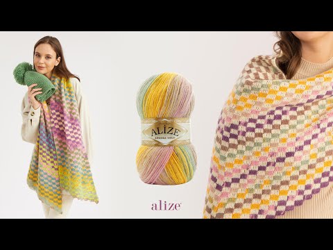 Видео: Мозаичный платок с Alize Angora Gold Batik