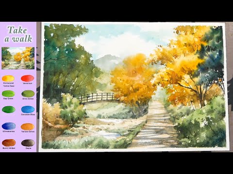 Видео: Без эскиза Пейзажная акварель - Прогуляться (смешение цветов, Arches)NAMIL ART