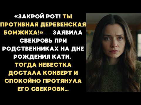 Видео: 😱 «“ЗАКРОЙ РОТ, БОМЖИХА!” — крикнула свекровь... 😨 Но когда Катя достала конверт — ВСЕ ОНЕМЕЛИ!»