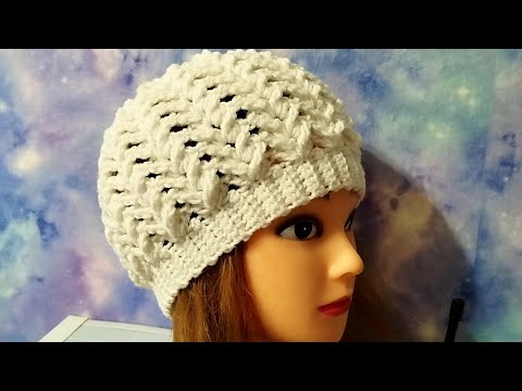 Видео: Шапочка объёмным  узором 3,,Д,, крючком. Подробное видео.