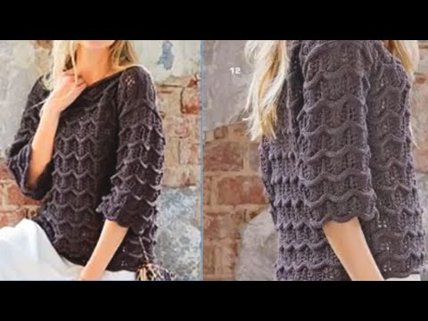 Видео: Лёгкий и воздушный пуловер.Узор спицами ажурные волны.
