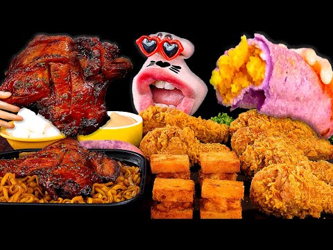 Видео: Курица по-ямайски, жареная курица, менбоша, пончики из сладкого картофеля! ASMR Mukbang Eating Show!