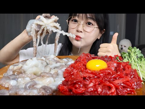 Видео: Сырой осьминог и Сырая говядина🐙🥩Mukbang ASMR