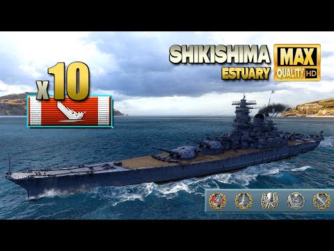 Видео: линкор Сикисима: 10 уничтоженных кораблей на карте Устье реки - World of Warships
