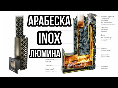 Видео: Арабеска inox Люмина новая банная печь от ТМФ из нержавейки, с закрытой каменкой.