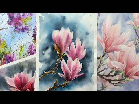 Видео: Магнолия акварелью -  Открытка на 8 марта акварелью. Watercolor painting tutorial