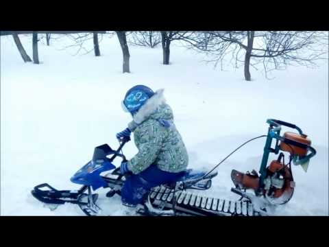 Видео: самодельный детский снегоход с мотором от бензопилы 2 Верхняя Хава