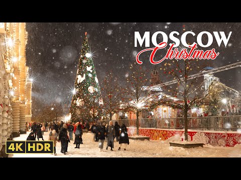 Видео: Пешеходная экскурсия - Рождественский сезон в Москве - Красная площадь в сказочном снегопад - 4K HDR