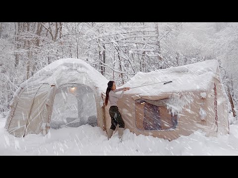Видео: Кемпинговая надувная роскошная палатка, изолированная на 3 дня среди сильного снегопада [ ASMR ]