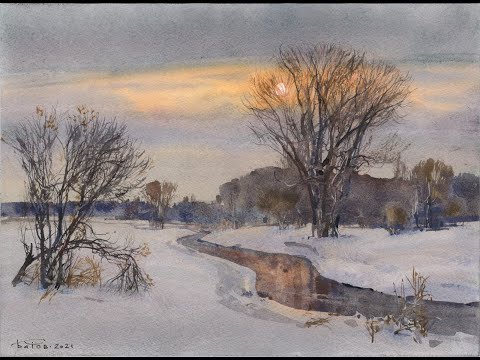 Видео: 20210123 Акварельный зимний пейзаж. Низкое солнце. The Low sun. Watercolor winter landscape