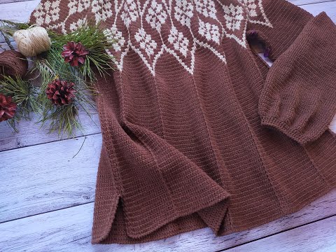 Видео: Джемпер "Тирамису". Жаккард крючком. Часть 10. Обзор нижней части и рукава..