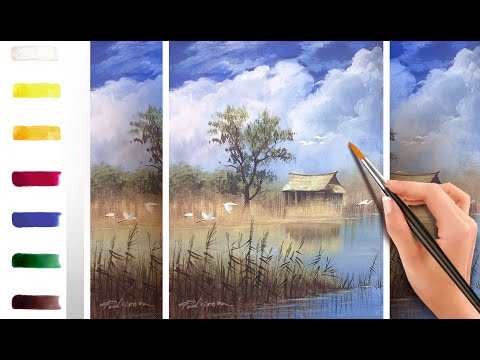 Видео: Цапли на озере. Как нарисовать пейзаж 🎨АКРИЛ! ‎Мастер-класс ДЕМО
