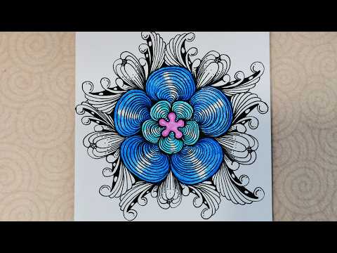 Видео: Синие завитки лепестков! Простой урок по зентанглу с повторяющимися линиями для начинающих