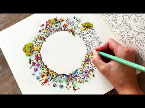 Видео: Причудливая сцена из «Волшебных миров» от Джоанны Басфорд 🌳✨ Уютный сеанс раскрашивания