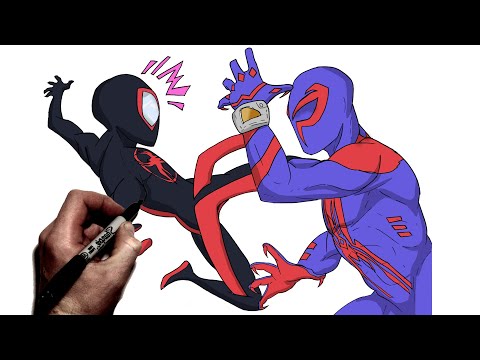 Видео: Как нарисовать Майлза Моралеса против Человека-паука 2099 | Пошаговое руководство | Через всю все...