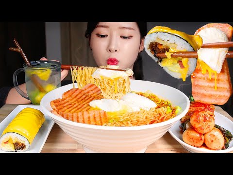 Видео: MUKBANG * Спам Хэм & Рамен из яиц-пашот & Сыр Гимбап ! Шин Рамюн ASMR Eating Show