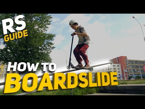 Видео: КАК ДЕЛАТЬ BOARDSLIDE ПО НАКЛОННОЙ ПЕРИЛЕ НА ТРЮКОВОМ САМОКАТЕ | RS GUIDE
