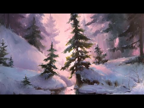 Видео: Как нарисовать зимний пейзаж морозное утро. Полное видео