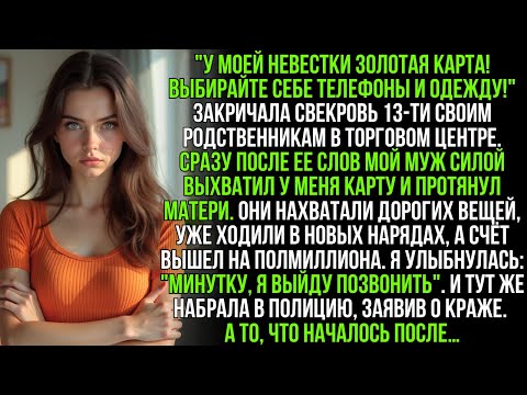Видео: По приказу свекрови муж вырвал мою карту в ТЦ. Счёт на 500К тысяч — я молча вызвала на них полицию…