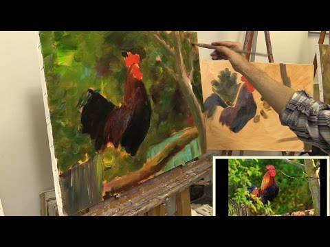 Видео: Петух на заборе. Урок масляной живописи на двух холстах. Как  нарисовать петуха маслом. Oil painting