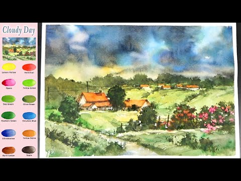 Видео: Без эскиза  Пейзаж Акварель -  Пасмурный день  (просмотр смешения цветов)