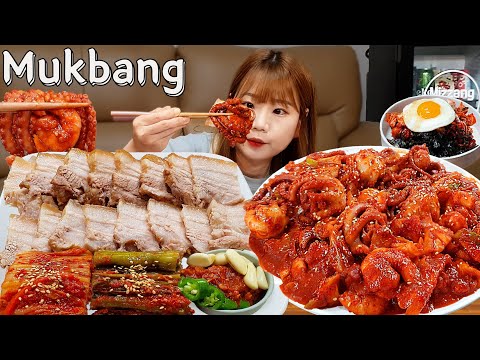 Видео: Sub)Real Mukbang- Острые жареные осьминоги и креветки🔥 Вареная свинина🥩 Пибимпап🍚 ASMR КОРЕЙСКАЯ ЕДА